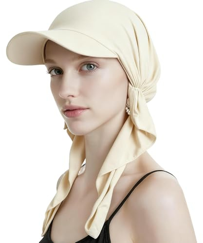Turban Chimio pour Femme Pré-Noué avec Visière Bandana Casquette Confortable pour Perte de Cheveux Chapeau Bandeau Respirant Léger Bandana à Visière Simple Été pour Cancer Sport Couvre-Chefs, Beige