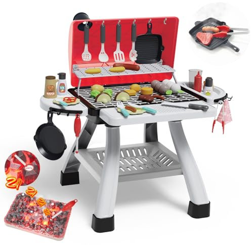 Cooldele BBQ Grill Playset for Kids Age 3+, 2 Tier Kitchen Toy Set with Smoke,Sound & Light,Play Grill Toy Included 41 Pieces Cookware, Play Food,Indoor Outdoor Kitchen Playset,Gift for Boys Girls 3-8