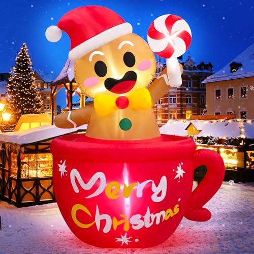 Danxilu 6FT Christmas Inflatable Gingerbread Man with Cocoa Mug Decorations | Xmas Blow Up Hot Chocolate Decor with LED Lights, Ideal for Garden, Yard, Outside, Party, Indoor and Holiday