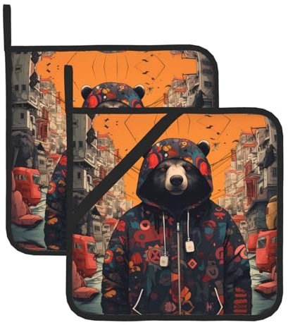 WHJWZY Set di 2 presine da cucina resistenti al calore e durevoli, con design a corda appesa, stampa alla moda con orsetto