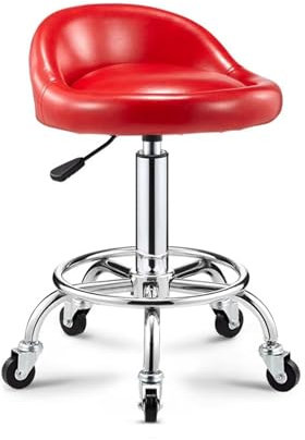 Sattelhocker mit Rollen und Lehne Höhenverstellbarer 47-59cm Drehhocker mit Rollen Ergonomisch Schminksessel mit Fußringe für Büro Salon Massage Spa(Red)