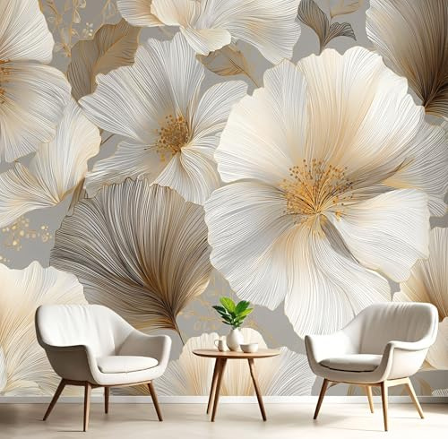Fotomurales Pintura Al Óleo Flores 350X256Cm Papel Pintado Decoración De Pared Plantas Elegantes, Murales Póster Bronce Efecto 3D, Decorativos Murales Para Dormitorio Salón Tv Pared