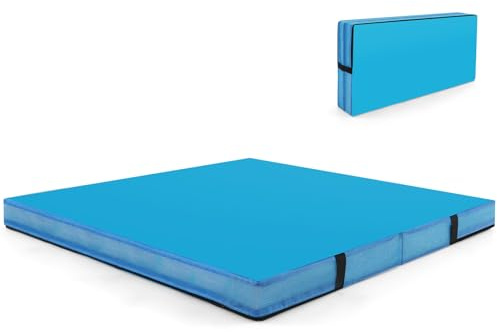 COSTWAY Tapis de Gymnastique Pliable Epais, Matelas d'Entrainement avec Revêtement en Similicuir et Poignées de Transport, Idéal pour Yoga Gymnastes Entraînements Étirements (Bleu)