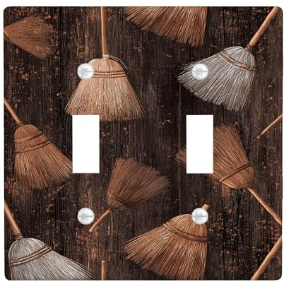 Rustic Broom Light Switch Cover Plate/Outlet Covers, Brown Wooden Style for Home Decor, Thermoplastic Wall Plates, Standard Size Double Toggle