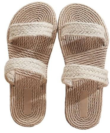 Hemobllo Sandales De Plage En Paille Plates Pour Femmes – Couleur Beige – Design Plat – Chaussures D’été Confortables – Taille 40