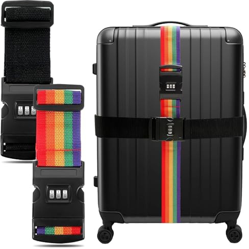 liuchanghe Koffergurt 2 Stück, Verstellbare Kofferband mit Schloss, kofferband Gurt mit Adressschild, für Schnell erkennen Gepäck Reisetasche Koffer (Schwarz & Regenbogen)