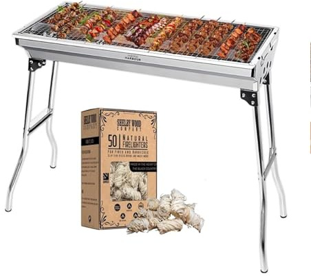 Portable stainless-steel charcoal BBQ grill with box 50 natural firelighters. Foldable, durable, and perfect for camping, gardens, festivals, picnics, and family outdoor cooking.