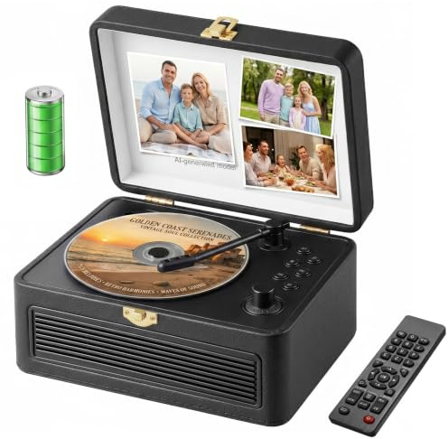 Gueray Tragbarer Bluetooth CD-Player mit Lautsprechern 3600mAh Wiederaufladbarer Vintage CD Spieler für Zuhause, Retro CD Players FM-Radio mit Fernbedienung Unterstützt USB AUX(Schwarz)
