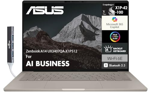 ASUS Zenbook A14 Copilot+ PC AI Business Laptop UX3407 14.0 WUXGA OLED | Qualcomm Snapdragon X Plus (Up to 45 Tops, 8-core), 16GB LPDDR5X, 1TB SSD, WiFi 6E, Win 11 Home) w/DKZ USB Port Expander