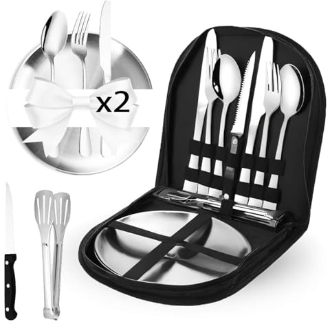 Camping Geschirr Set, Camping Besteck Edelstahl Inklusive Bestecktasche Edelstahl-Gabeln, Messer und Löffel,Wiederverwendbar für Camping,Picknick,Reisen,Outdoor