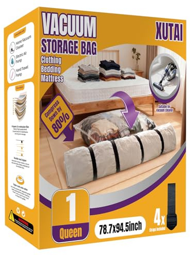 XUTAI Mattress Vacuum Bag, Vacuum Seal Storage Bag for Mattress & Clothing – Heavy Duty Reusable Mattress Storage Bag with Double Zipper Space Saving Vacuum Bags for Moving & Storage(1 Queen)