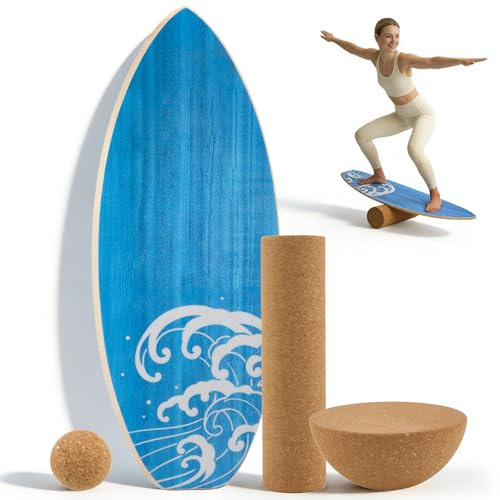 Surfin Balance Board Erwachsene 3-in-1, Holz Balance Board Set mit Korkrolle,Kork Halbkugel Balanceboards, Premium Birkenholz Balance-Trainer mit Rutschfester Oberflächenbehandlung