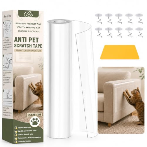 Protezione Divano Graffi Gatto, Antigraffio Gatto Divano, Rotolo 300cmx20cm | Nastro Trasparente per Tessuto Velluto Pelle, Porte e Tappeti, con 10 Perni a Spirale, 1 Raschietto Anti Bolle