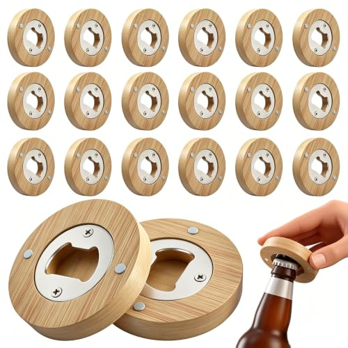 Abrebotellas de madera, 20 unidades, redondo, abridor de botellas de cerveza con imán, abrebotellas de acero inoxidable, magnético, portátil y duradero para la familia, restaurantes, bodas y fiestas