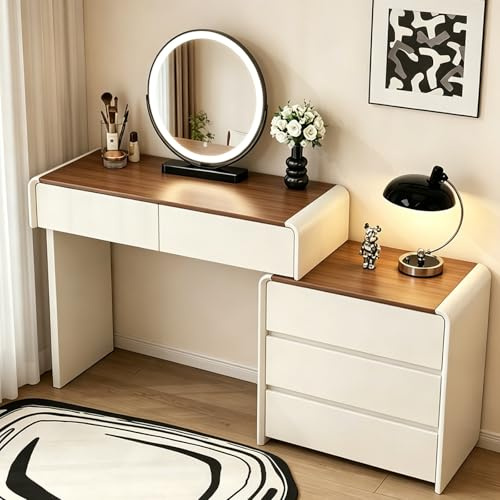 Schminktisch mit Holzmaserung, Eck-Frisiertisch mit Spiegel, 5 Schubladen und Schrank, Moderner L-förmig Kosmetiktisch für Mädchen Schlafzimmer