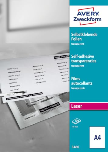 AVERY Zweckform 3480 Transparente Folien für Laserdrucker und Kopierer (100 selbstklebende Folien, A4, mattierte Oberfläche, hervorragend bezeichenbar, stapelverarbeitbar, Folienstärke 0,14mm)