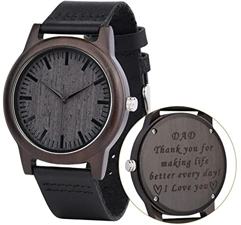 LMWOOD Personalisierte Holz Armbanduhr für Männer Holzuhr mit Lederband Holz Uhr für ihn Geschenk für Vater Dad Ehemann Freund