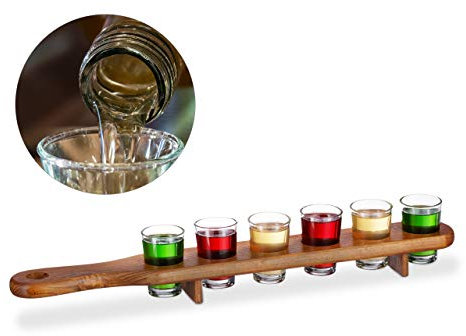 Relaxdays Set Bicchieri Shot, 6 Bicchierini da Liquore 4 cl, Pratico Vassoio 1/2 Metro, Divertente Idea Regalo, marrone