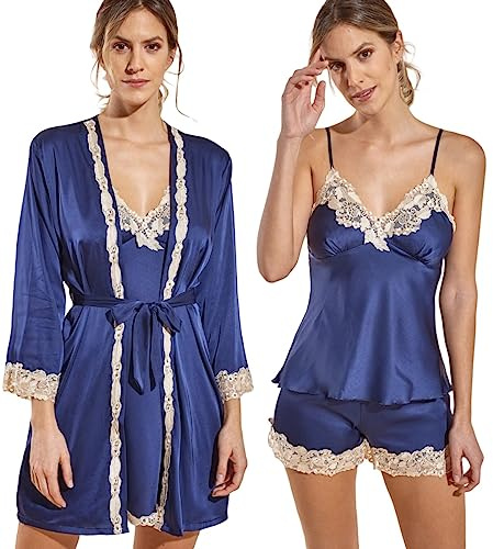 Laura in - Pijamas Mujer de Seda Satén Conjunto de 5 Piezas de Color Liso con Encaje Bordado Elegante Sexy y Suave. AzulXL-1103