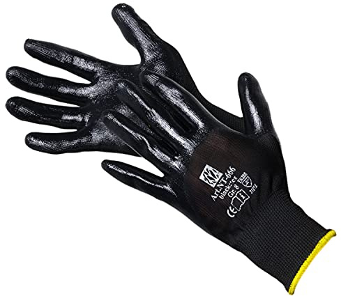 Jah NT-666 Lot de 12 paires de gants de travail en polyester avec revêtement en nitrile Noir Taille 10