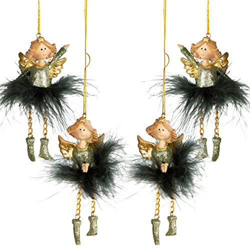 Logbuch-Verlag 4 Engel Anhänger - Schutzengel grün Gold mit Federn - Engelanhänger als Christbaumschmuck Glücksbringer Geschenk