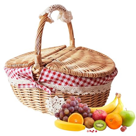 Weiden-Picknickkorb mit Deckel und Griff, gewebter Picknickkorb, handgemachter Süßigkeitenkorb, Ostereier, Aufbewahrungskorb, Weinkorb, Naturweide, leerer Korb for Picknick, Camping, Wandern, Hochzeit