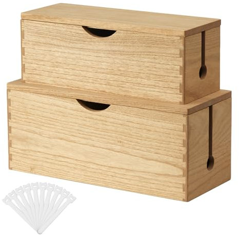 KIRIGEN Wood Cable Management Box - Cord Organizer Hide Power Strips/Electrical Plugs - Conceal and Cover Wires Station on Desks from TVs/Computers for Home Office Set of 2 (Natural)