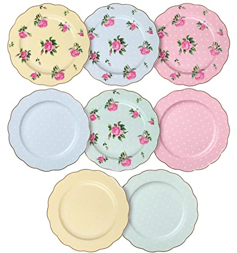 BTaT- Porcelain Floral Plates Set of 8, 8 Inch, Assorted Pastel Colors with Golden Rim, Floral Dessert Plates, Spring Dinnerware, Dishwasher & Freezer Safe, Mothers Day Gift