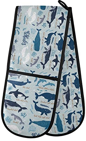 Black Grey White Marine Sea Whales, Blue Seaweeds on Blue Double Oven Mitt Gloves Extra Long Potholder High Heat Resistant for Baking Cooking Baking Grilling Handling Hots Pans 35x7