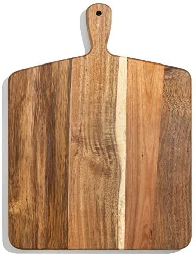 Tabla de cortar y tabla de cortar de madera de acacia con asa para carne, tabla de queso, verduras, pan y embutidos, tabla decorativa de madera para servir cocina y comedor, grande, 17 x 13 pulgadas