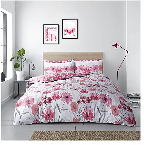 Lions 4 Piece Complete Bedding Set - Red Flower Printed 1x Duvets Cover 2x Pillowcase 1x Bed Sheet, Ultra Soft Reversible Poly Cotton Quilt Covers for Girls Women, King Size Bedding