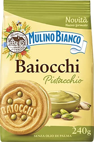 Mulino Bianco Biscotti Baiocchi al Pistacchio, Biscotti con Pistacchio e Pastafrolla Ideali per Colazione o Merenda, Senza Olio di Palma, 1 Sacchetto da 240g