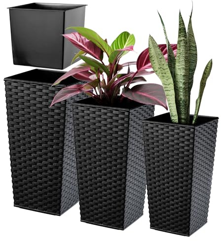 KADAX Lot de 3 Set de 3 Pots de Fleurs Hauts – H 46,5/57/68 cm – Rotin Noir – intérieur/extérieur – pour Balcon, Jardin ou Salon