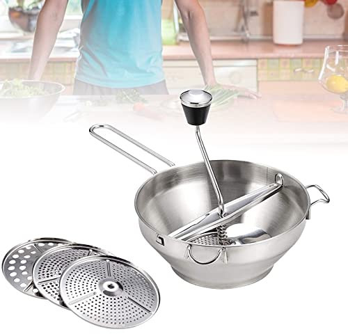 Moulin à nourriture manuel de 19 cm, râpe à tamis en acier inoxydable avec 3 inserts de tamis, broyeur à aliments rotatif manuel et machine à purée, moulin à aliments rotatif pour fruits, sauces