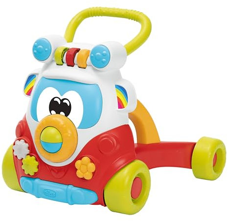 Chicco Primi Passi per Bambini Happy Hippy con Centro Attività Manuali, Pulmino Primi Passi, 4 Grandi Ruote, Girello con Maniglia Ergonomica, fino a 80% Plastica Riciclata, Giochi Bambini 9-24 Mesi
