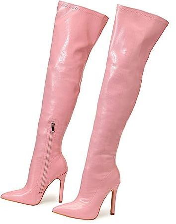 Damen-Stiefel aus Lackleder, PU, oberschenkelhoch, spitzer Zehenbereich, seitlicher Reißverschluss, modisch, bequem, sexy Stiletto-High-Heel, Overknee-Stiefel, Enge Lange Stiefel,Rosa,42