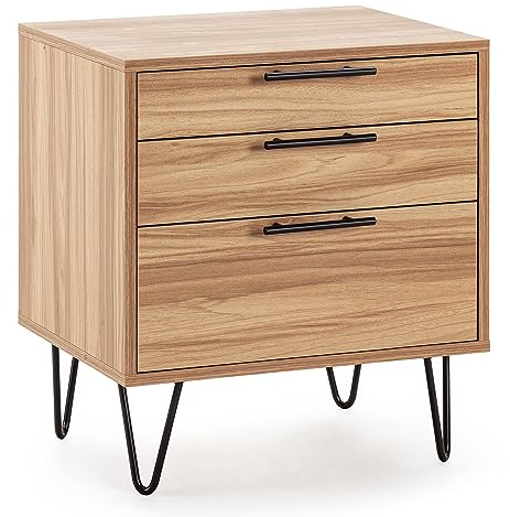 HOMN LIVING Mesita de Noche Alma 3 cajones Color Madera, pies metálicos, 50 cm (Ancho) 40 cm (Profundo) 55 cm (Altura)