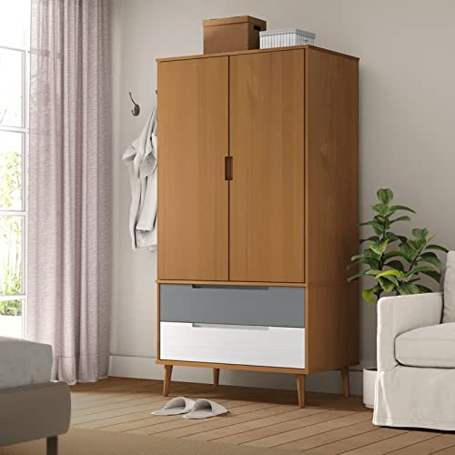 LAPOOH Kleiderschrank Braun 90x55x175 cm Massivholz Kiefer, Schrank, Stoffschrank, Faltschrank, Kleiderschränke, Garderobenschrank, Stoffkleiderschrank - 350522
