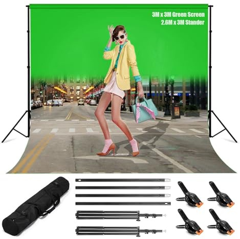 Green Screen con Soporte, Pantalla Verde (3 x 3 m) con Soporte de Fondo Ajustable (2,6 x 3 m) y 4 Abrazaderas de Fondo para Toma de Fotos Transmisión de Video de Juegos