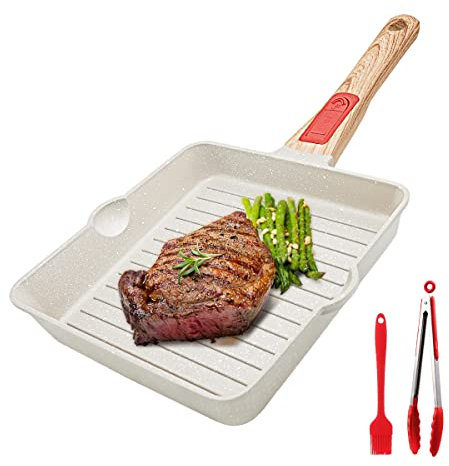 AIKENBBKK Padella Grigliate 20x 20 cm con Manico Rimovibile, Bistecchiera In Alluminio con Rivestimento Antiaderente, Lavastoviglie& forno sicuro(Bianco)