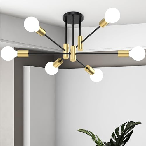 Phaosio Modern Sputnik Chandelier Ceiling Light Fixtures, 6-Lights Mid Century Industrial Metal Semi Flush Mount Lamp for Bedroom Dining Room Living Room Kitchen Hallway Office-Black and Gold