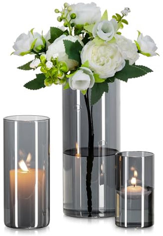Glasseam Glasvase Zylinder Vase Grau: 3 Stück Glas Vasen Set für Wohnzimmer Deko Glaszylinder Windlicht - Runde Blumenvase Modern Glasvasen für Tischdeko Tulpen Pampasgras (10/15/20cm)