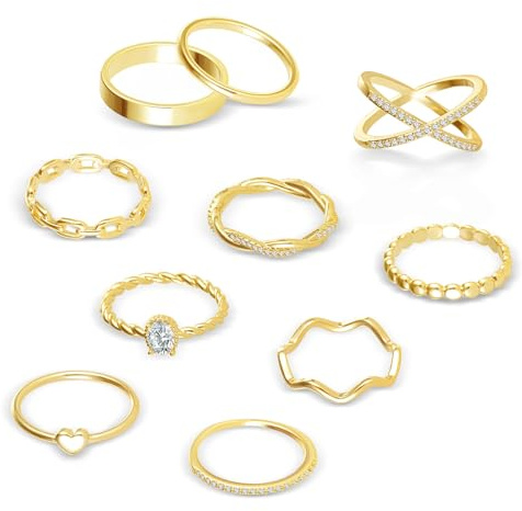 ALEXCRAFT 10 Stück Ringe Damen Gold 14 Karat Vergoldet Ring Set 60MM