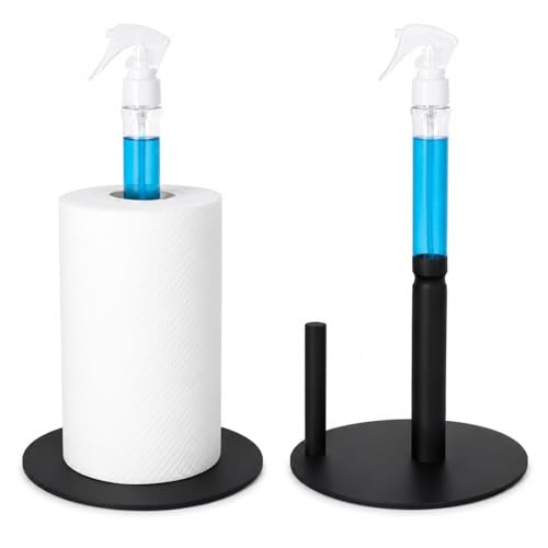 Paper Towel Holder with Spray Bottle Stainless Steel Countertop One-Handed Kitchen Tissue Rack Kitchen Paper Towels Holder with Non Slip Weighted Base (Black)