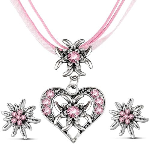 Scinzene 3 Stück Trachtenschmuck Damen Set, Mit Strass Edelweiss Herz Anhänger Und Edelweiss Ohrstecker, Dirndl Schmuck, Für Oktoberfest Accessoires, Oktoberfest Damen Outfit, Dirndl Zubehör