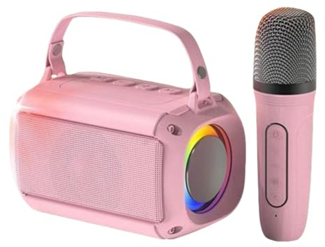 Micrófono inalámbrico Karaoke Bluetooth portátil dos micrófonos para niños y adultos, luces LED, reproductor de música, altavoces, tarjeta TF, USB, conectividad AUX (rosa (1 micrófono))