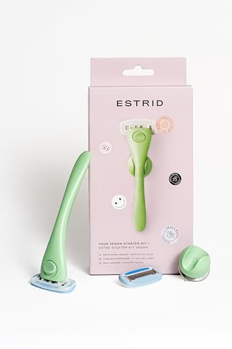 Estrid Starter-Set – Stahl-Rasierer + 2 x 5-Klingen-Nachfüller + Wandhalter Rasierer für Körper, vegan, für empfindliche Haut, 2 Nachfüllpatronen (Matcha)
