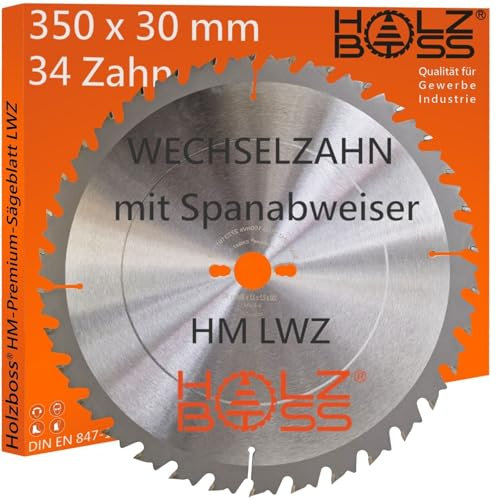 Holzboss ® HM-Sägeblatt 34 x Zahn LWZ 350 x 30 mmØ L-Wechselzahn mit Spanabweiser Rückschlagarm HW Kreissägeblatt WZ für Längschnitte Querschnitt Tischkreissäge Wippsäge Feinschnitt Holz