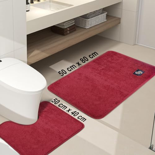Soft Microfiber Non Slip Mat Shaggy Bathroom Rug Set of 2(50 x 40 cm+ 50 x 80 cm), Super Absorbent Machine Washable Bath Mat | Quick Dry Carpet, Burgundy