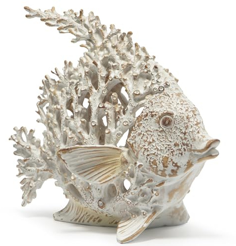Hodao Sea Coral Fish Figurines Decoration - Tropical Summer Garden Decor Crafts for Home Office (White)